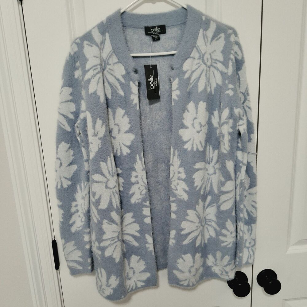 Belldini Open Front Long Cardigan Light Blue & White Floral Print Size Small NWT